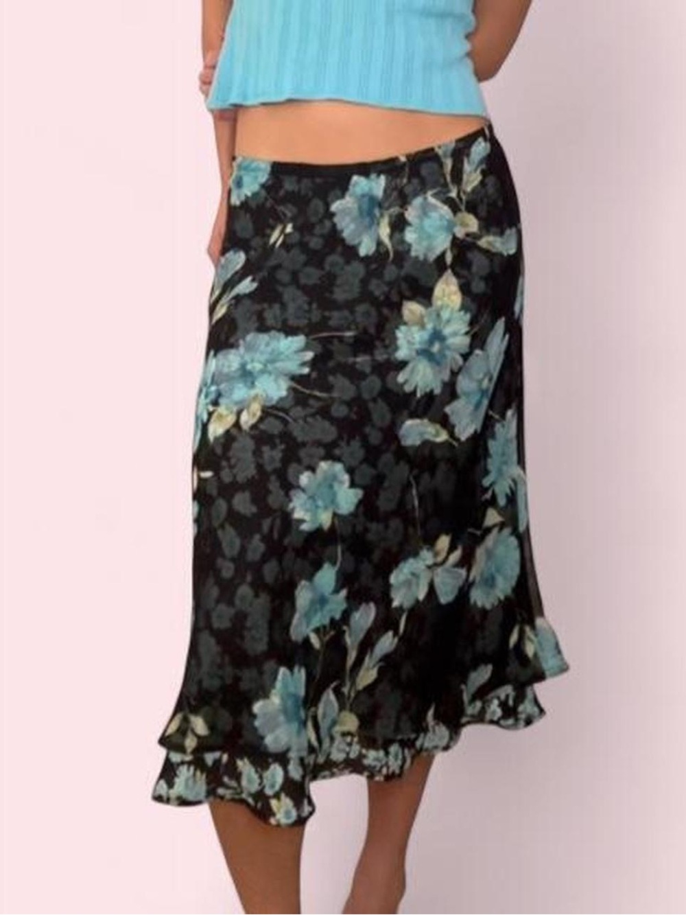 Vintage Y2K Reversible Blue Floral Midi Skirt